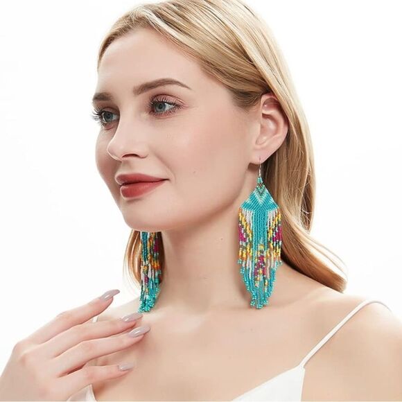 Southwestern Boho Seed Bead Tassel Dangling Statement French Wire Hook Earrings - Picture 7 of 7